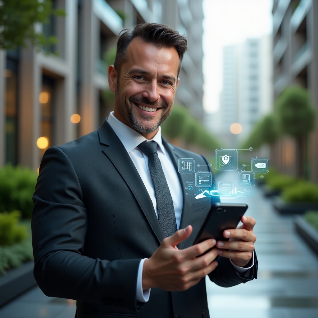 (Ultra-realistic condominium manager in a dark gray suit, set in a modern luxury condominium environment with high-rise buildings and lush green landscaping, holding a smartphone with a holographic interface displaying chat bubbles, financial graphs and shield icons, smiling confidently, cinematic lighting, shallow depth of field, highly detailed textures, realistic skin, photographic realism, 8k resolution --ar 1:1 --v 6)