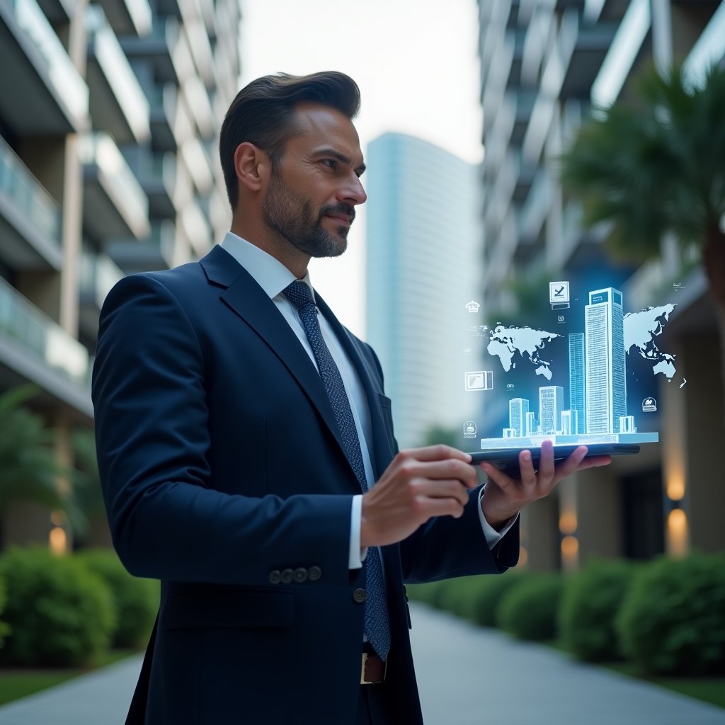 (Ultra-realistic condominium manager in a tailored navy blue suit, set in a modern luxury condominium environment with high-rise buildings and lush green landscaping, holding and interacting with a floating holographic dashboard of a condominium management app, vibrant holographic icons of smartphone, building and analytics charts orbiting around, confident and focused expression, cinematic lighting, shallow depth of field, highly detailed textures, realistic skin, photographic realism, 8k resolution --ar 1:1 --v 6)