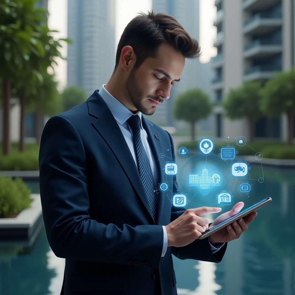 (Ultra-realistic condominium manager in a navy suit, set in a modern luxury condominium environment with high-rise buildings and green landscaping, holding a tablet displaying a holographic app interface with condo management icons, confidently tapping the screen while analyzing data, cinematic lighting, shallow depth of field, highly detailed textures, realistic skin, photographic realism, 8k resolution --ar 1:1 --v 6)