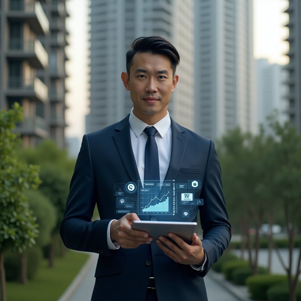 (Ultra-realistic condominium manager in a sleek navy suit, set in a modern luxury condominium environment with high-rise buildings and lush green landscaping, holding a tablet that projects a holographic dashboard of financial charts and communication icons, confident and focused expression, cinematic lighting, shallow depth of field, highly detailed textures, realistic skin, photographic realism, 8k resolution --ar 1:1 --v 6)