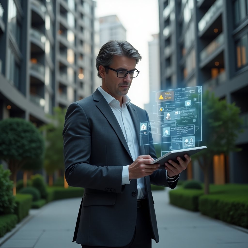 Ultra-realistic condominium manager in a dark gray suit, set in a modern luxury condominium environment with high-rise buildings and manicured green landscaping, confidently reviewing a tablet projecting a holographic condo management app interface with floating icons for tasks, communication, and security, cinematic lighting, shallow depth of field, highly detailed textures, realistic skin, photographic realism, 8k resolution --ar 1:1 --v 6