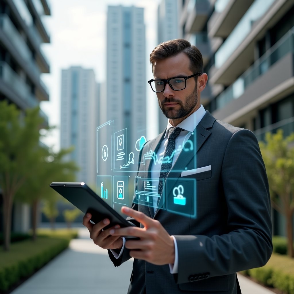 Ultra-realistic condominium manager in a charcoal gray executive suit, set in a modern luxury condominium environment with high-rise buildings and manicured green landscaping, holding a tablet displaying a holographic condominium management app interface with floating icons for communication, security, and analytics, confidently pointing at the holographic dashboard, cinematic lighting, shallow depth of field, highly detailed textures, realistic skin, photographic realism, 8k resolution --ar 1:1 --v 6