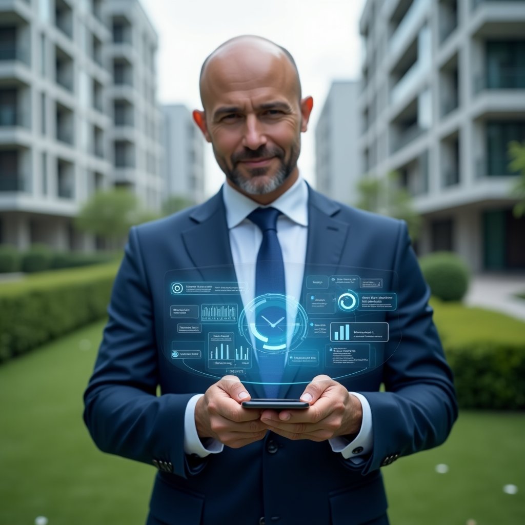 (Ultra-realistic condominium manager in a navy blue business suit, set in a modern luxury condominium environment with high-rise buildings and lush green landscaping, medium shot of a confident manager holding a smartphone projecting a holographic dashboard with chat bubbles, financial charts and reservation icons representing a condominium management app, cinematic lighting, shallow depth of field, highly detailed textures, realistic skin, photographic realism, 8k resolution --ar 1:1 --v 6)