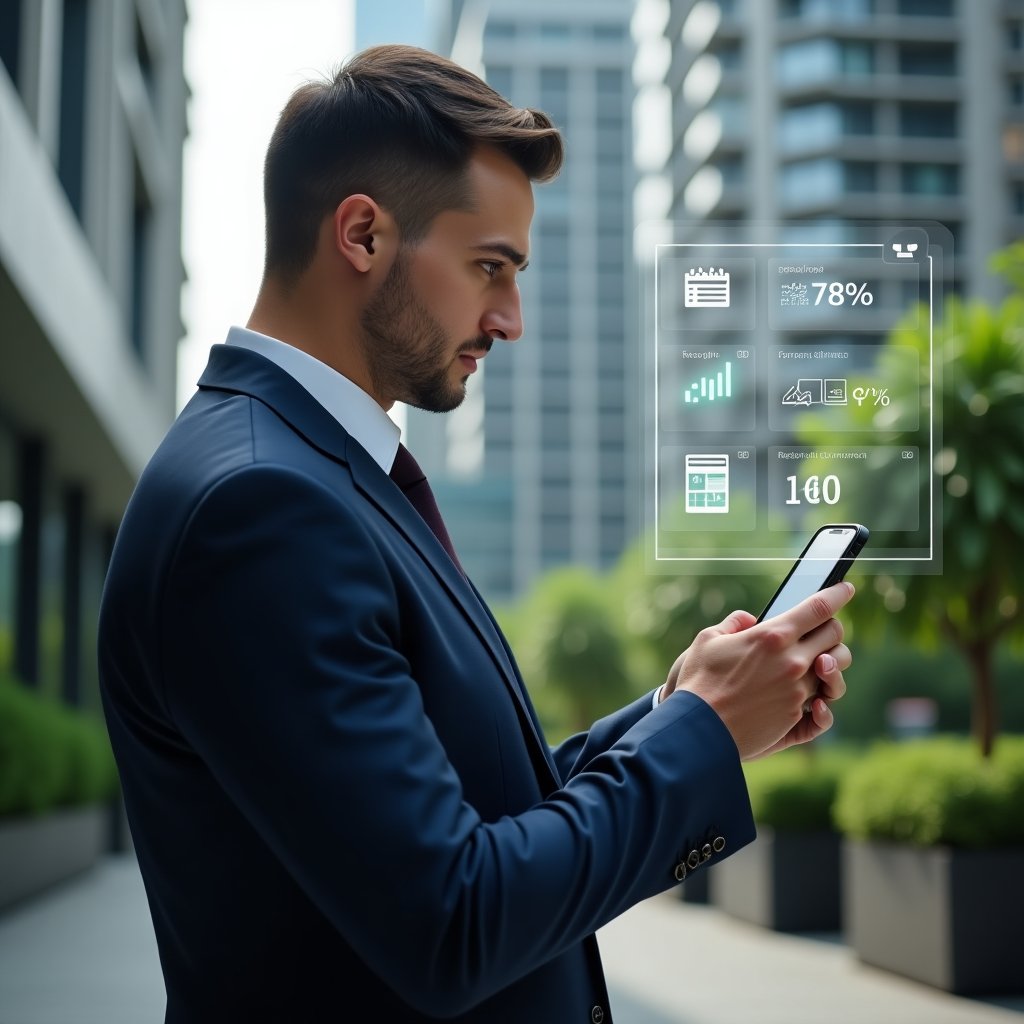 (Ultra-realistic condominium manager in a tailored navy blue suit, set in a modern luxury condominium environment with high-rise buildings and lush green landscaping, holding a smartphone and interacting with a holographic condominium management app interface displaying calendars, financial charts and resident communication icons, confident and focused expression, cinematic lighting, shallow depth of field, highly detailed textures, realistic skin, photographic realism, 8k resolution --ar 1:1 --v 6)