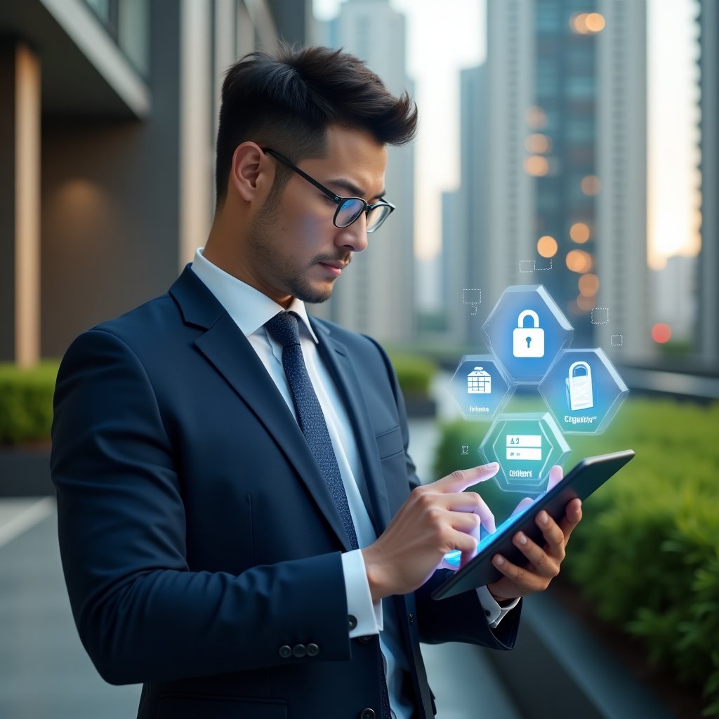Ultra-realistic condominium property manager in a tailored dark blue suit, set in a modern luxury condominium environment with high-rise buildings and lush green landscaping, holding a tablet computer and tapping on a holographic interface of app icons (chat bubbles, security lock, calendar, financial chart), confident and focused expression, cinematic lighting, shallow depth of field, highly detailed textures, realistic skin, photographic realism, 8k resolution --ar 1:1 --v 6