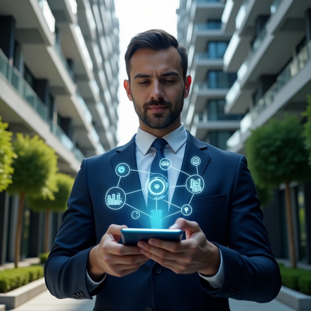 (Ultra-realistic condominium manager in a navy blue business suit, set in a modern luxury condominium environment with high-rise buildings and manicured green landscaping, confidently holding a smartphone displaying a holographic condominium management dashboard with floating app icons and digital graphs symbolizing optimized tasks and communication, cinematic lighting, shallow depth of field, highly detailed textures, realistic skin, photographic realism, 8k resolution --ar 1:1 --v 6)