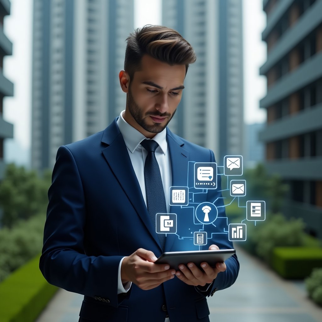 Ultra-realistic professional condominium manager in a navy blue tailored suit, set in a modern luxury condominium environment with high-rise buildings and manicured green landscaping, confidently analyzing a holographic condominium management app interface projected from a sleek tablet, surrounded by floating icons of budgeting, messaging, and scheduling, cinematic lighting, shallow depth of field, highly detailed textures, realistic skin, photographic realism, 8k resolution --ar 1:1 --v 6