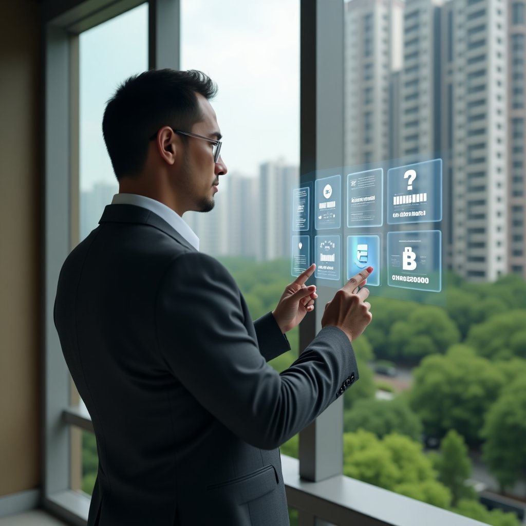 (Ultra-realistic condominium manager in a tailored dark gray suit, set in a modern luxury condominium environment with high-rise buildings and manicured green landscaping, viewing and tapping a floating holographic condominium app interface with icons for messages, automated tasks and financial charts, exuding a relaxed and confident demeanor, cinematic lighting, shallow depth of field, highly detailed textures, realistic skin, photographic realism, 8k resolution --ar 1:1 --v 6)