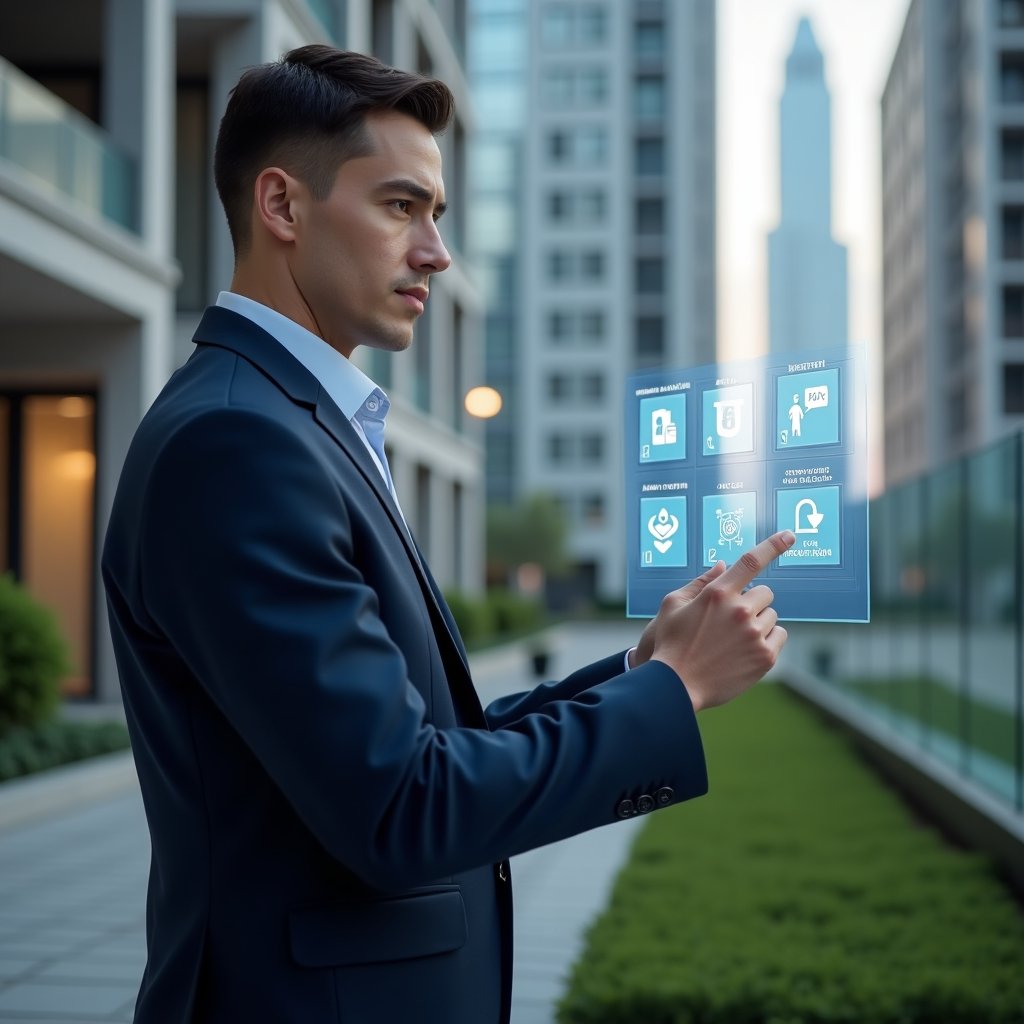 (Ultra-realistic property manager in a navy suit, set in a modern luxury condominium environment with high-rise buildings and green landscaping, examining a holographic control panel displaying building automation icons for lighting, security, and access control, confident and focused expression, cinematic lighting, shallow depth of field, highly detailed textures, realistic skin, photographic realism, 8k resolution --ar 1:1 --v 6)