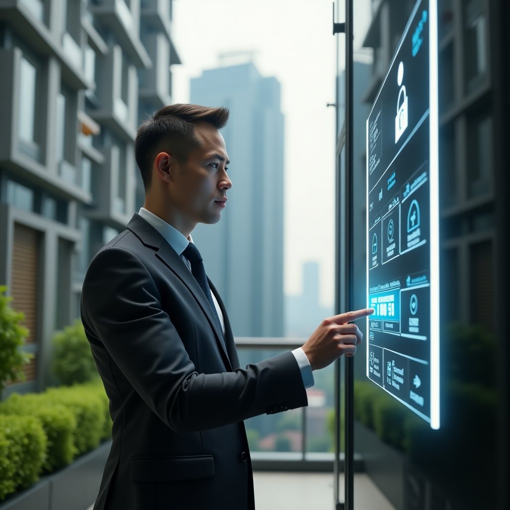 (Ultra-realistic condominium manager in a sleek dark gray suit, set in a modern luxury condominium environment with high-rise buildings and manicured green landscaping, interacting with a holographic building automation control panel displaying energy consumption and security icons, confident and focused expression, cinematic lighting, shallow depth of field, highly detailed textures, realistic skin, photographic realism, 8k resolution --ar 1:1 --v 6)