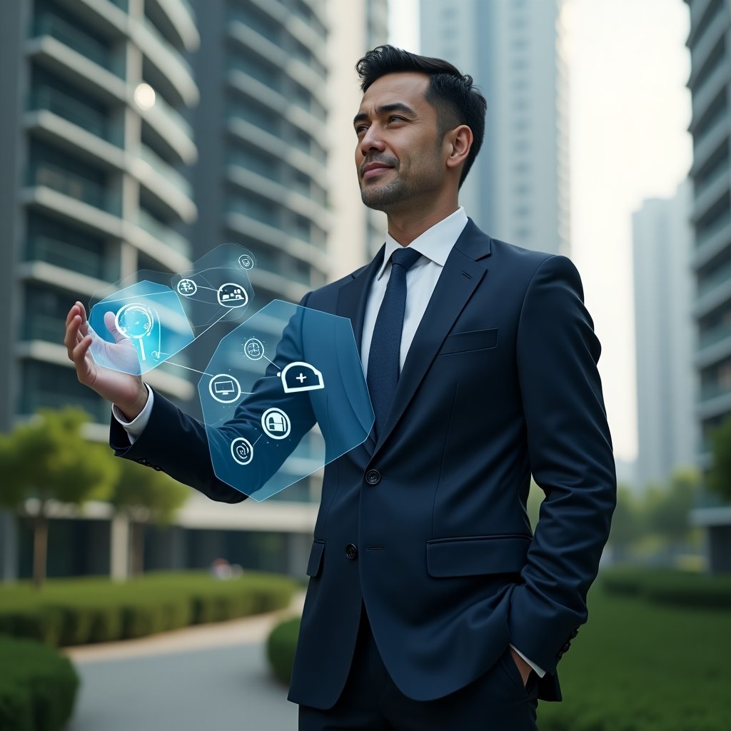 (Ultra-realistic condominium manager in a navy tailored suit, set in a modern luxury condominium environment with high-rise buildings and lush green landscaping, interacting with a holographic interface displaying building automation dashboards and IoT icons, confident expression, cinematic lighting, shallow depth of field, highly detailed textures, realistic skin, photographic realism, 8k resolution --ar 1:1 --v 6)