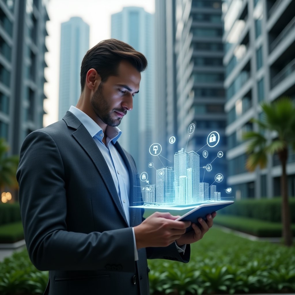 Ultra-realistic condominium manager in a charcoal gray suit, set in a modern luxury condominium environment with high-rise glass buildings and lush green landscaping, gazing at and manipulating a floating holographic 3D building automation interface projected from a tablet, glowing icons of energy, security, and gears around the model, confident and focused expression, cinematic lighting, shallow depth of field, highly detailed textures, realistic skin, photographic realism, 8k resolution --ar 1:1 --v 6