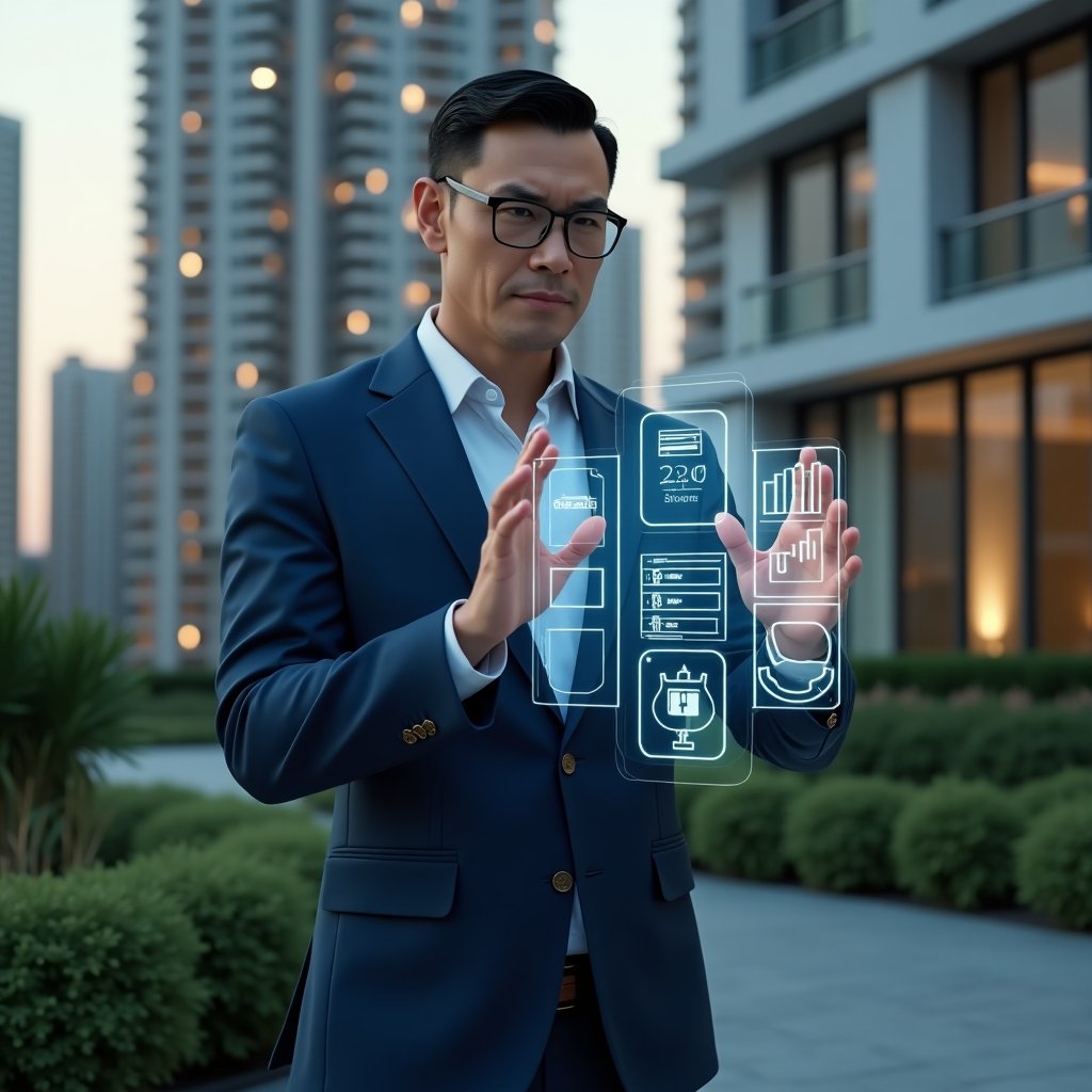 Ultra-realistic building manager in a navy blue suit, set in a modern luxury condominium environment with high-rise buildings and green landscaping, interacting with a holographic interface displaying smart building automation controls and app widgets, confident expression, cinematic lighting, shallow depth of field, highly detailed textures, realistic skin, photographic realism, 8k resolution --ar 1:1 --v 6