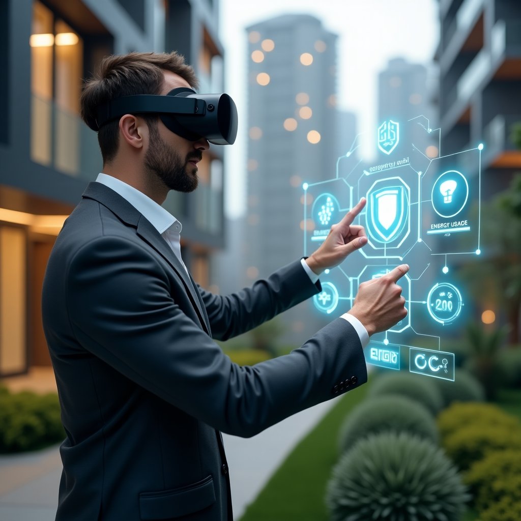 (Ultra-realistic building manager in a dark gray suit, set in a modern luxury condominium environment with high-rise buildings and lush green landscaping, confidently pointing at a floating holographic control panel of an automated building system displaying security cameras, energy usage and climate control icons, futuristic holographic symbols of a shield and light bulb, cinematic lighting, shallow depth of field, highly detailed textures, realistic skin, photographic realism, 8k resolution --ar 1:1 --v 6)