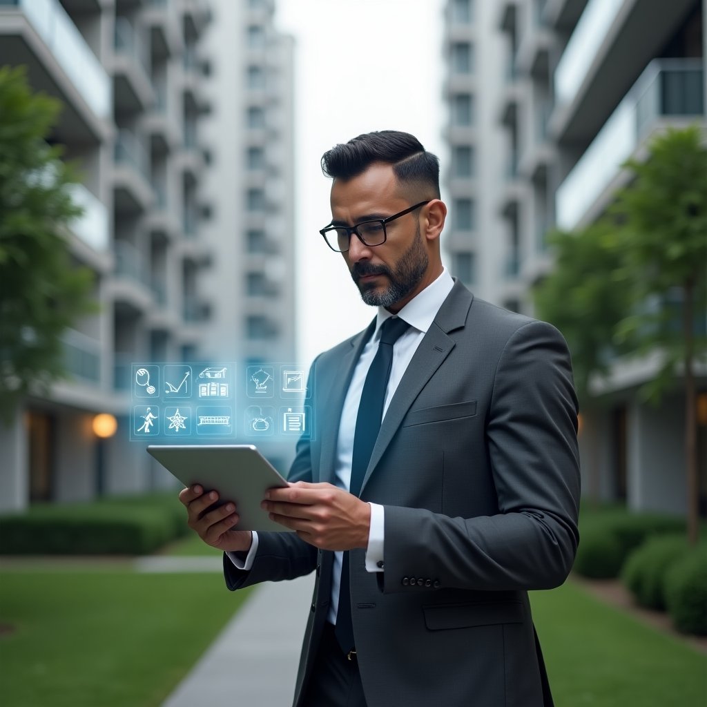 Ultra-realistic property manager in a tailored charcoal gray suit, set in a modern luxury condominium environment with high-rise buildings and well-maintained green landscaping, reviewing a futuristic holographic maintenance schedule on a sleek tablet, holographic checklist icons floating in mid-air, confident and focused expression, cinematic lighting, shallow depth of field, highly detailed textures, realistic skin, photographic realism, 8k resolution --ar 1:1 --v 6