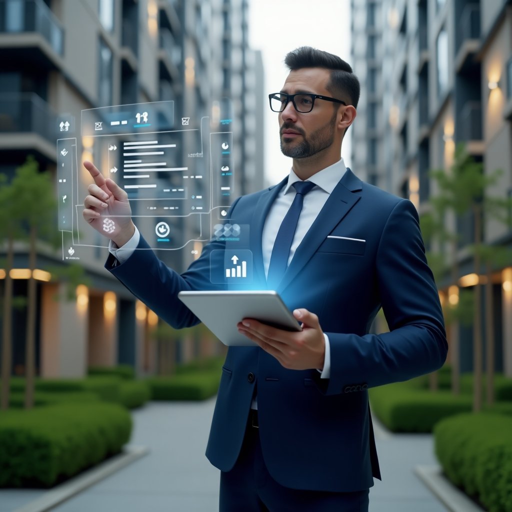 (Ultra-realistic condominium manager in a navy executive suit, set in a modern luxury condominium environment with high-rise buildings and manicured green landscaping, mid-shot holding a digital tablet displaying a holographic checklist with floating checkmarks and building maintenance icons, confidently pointing at one item, cinematic lighting, shallow depth of field, highly detailed textures, realistic skin, photographic realism, 8k resolution --ar 1:1 --v 6)