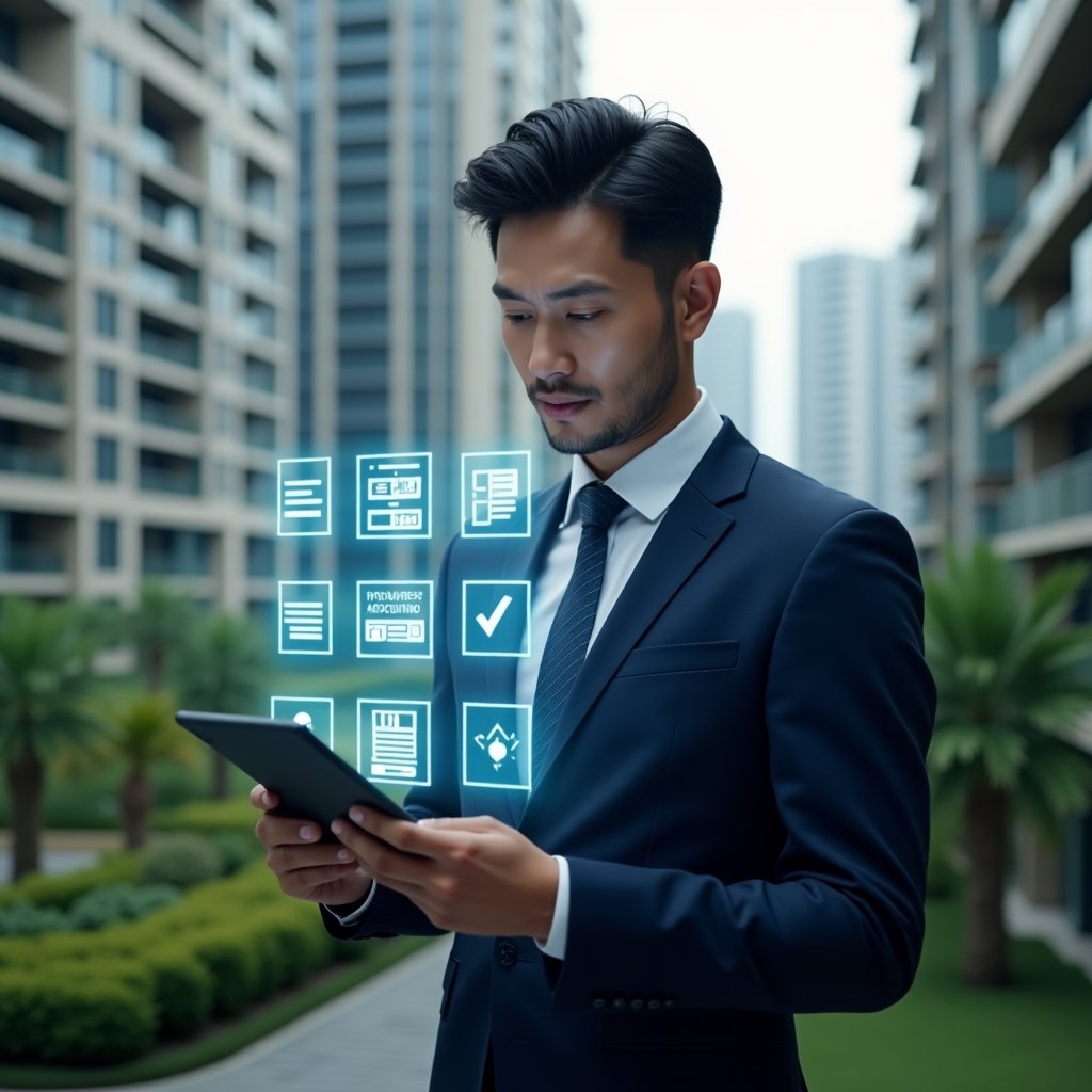 Ultra-realistic condominium manager in a dark blue suit, set in a modern luxury condominium environment with high-rise buildings and lush green landscaping, inspecting a floating holographic financial checklist above a digital tablet, holographic document and chart icons representing transparent accounting, confident and focused expression, cinematic lighting, shallow depth of field, highly detailed textures, realistic skin, photographic realism, 8k resolution --ar 1:1 --v 6