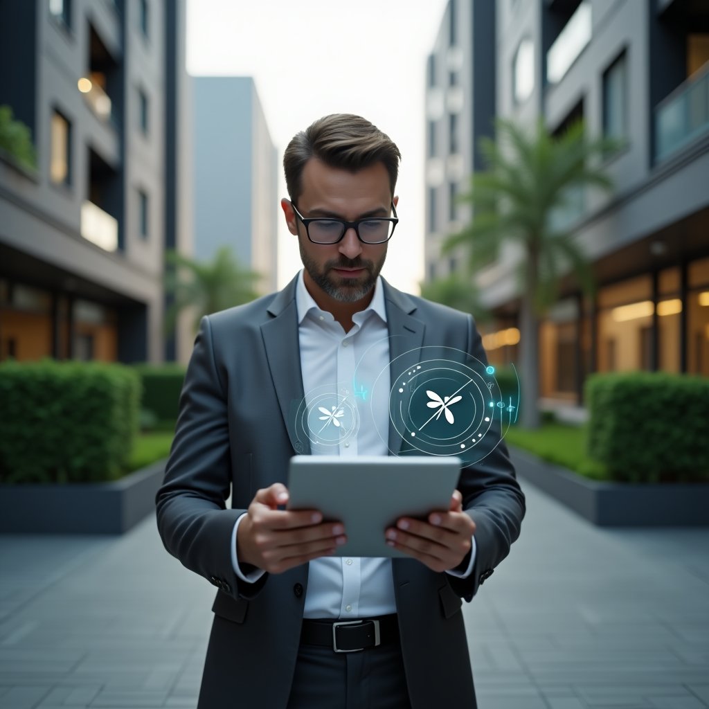 Ultra-realistic condominium manager in a charcoal gray suit, set in a modern luxury condominium environment with high-rise buildings and well-manicured green landscaping, mid-shot close-up holding a tablet displaying an app interface with a crossed-out mosquito icon, confidently analyzing inspection data, subtle holographic overlay of checkmarks and mosquito symbol above the tablet, cinematic lighting, shallow depth of field, highly detailed textures, realistic skin, photographic realism, 8k resolution --ar 1:1 --v 6