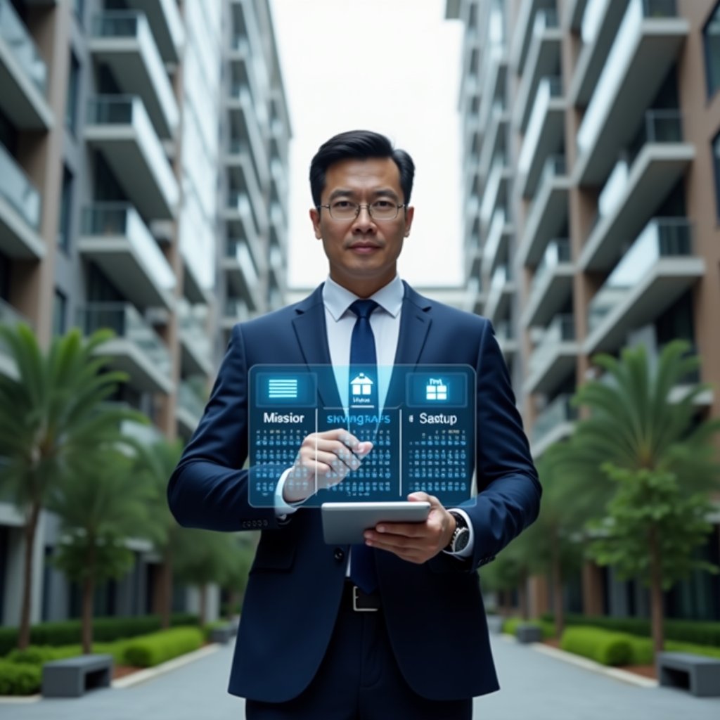 Ultra-realistic condominium manager in a dark blue business suit, mid shot in a modern luxury condominium environment with high-rise buildings and green landscaping, holding a digital tablet and interacting with a holographic scheduling interface showing calendar and checklist icons, confident and focused expression, cinematic lighting, shallow depth of field, highly detailed textures, realistic skin, photographic realism, 8k resolution --ar 1:1 --v 6
