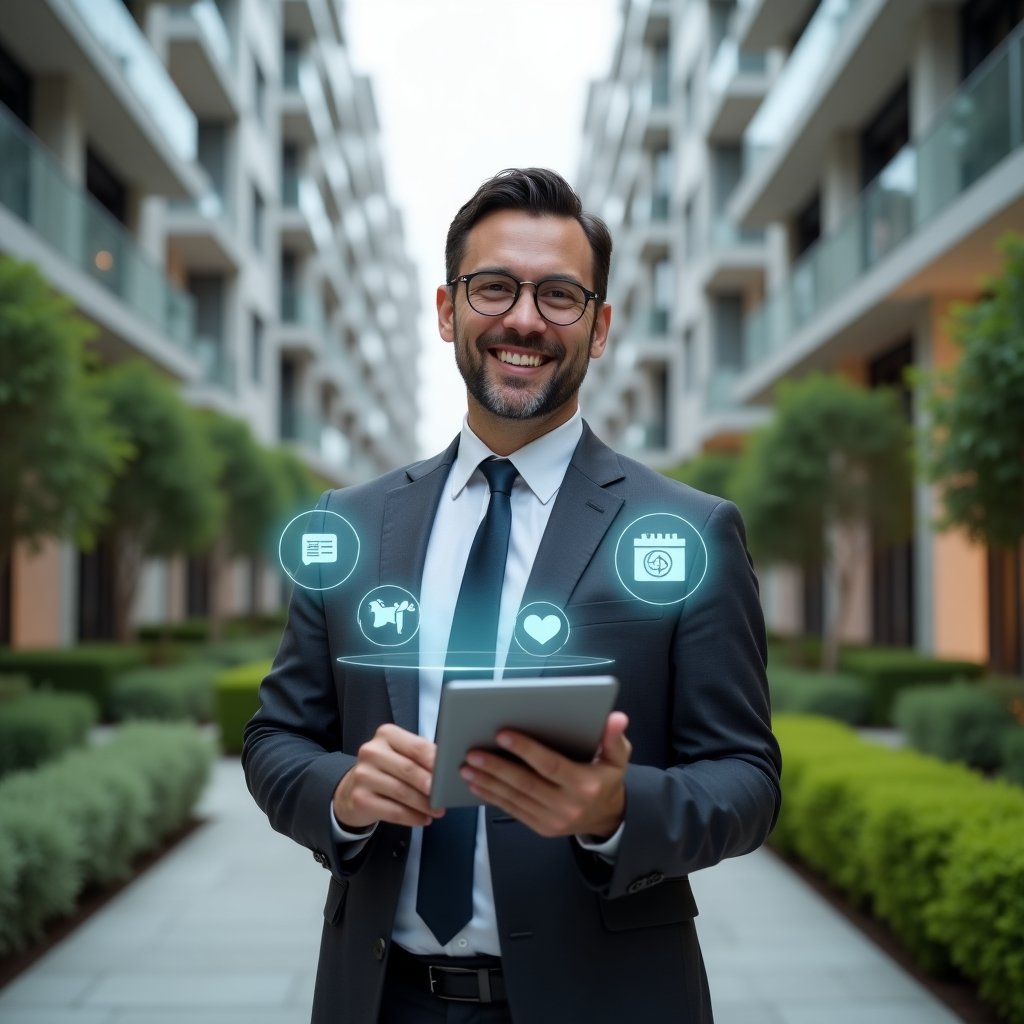 (Ultra-realistic condominium manager in a dark gray suit, set in a modern luxury condominium environment with high-rise buildings and manicured green landscaping, holding a tablet and smiling confidently as floating holographic icons of speech bubbles, a handshake and a calendar represent communication, respect and organization, cinematic lighting, shallow depth of field, highly detailed textures, realistic skin, photographic realism, 8k resolution --ar 1:1 --v 6)