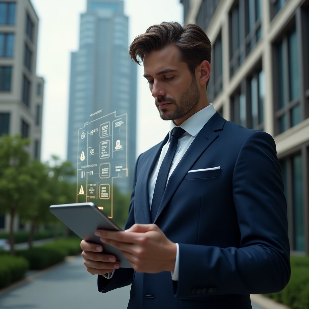 Ultra-realistic condominium manager in a tailored navy blue suit, set in a modern luxury condominium environment with high-rise buildings and manicured greenery, holding and analyzing a digital tablet with floating holographic warning icons representing common administration errors, thoughtful and confident expression, cinematic lighting, shallow depth of field, highly detailed textures, realistic skin, photographic realism, 8k resolution --ar 1:1 --v 6