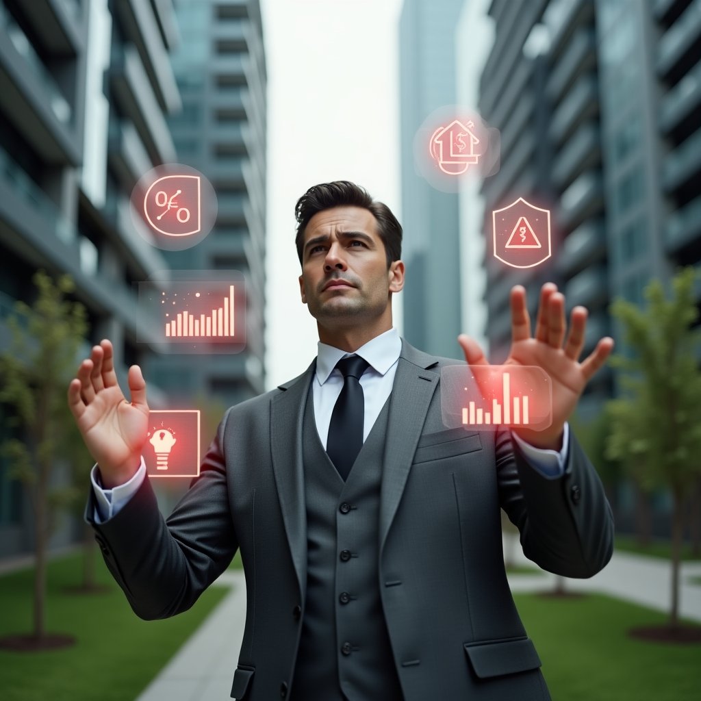 (Ultra-realistic condominium manager in a tailored charcoal gray suit, set in a modern luxury condominium environment with high-rise buildings and manicured green landscaping, medium shot of the manager with a thoughtful expression, interacting with floating holographic financial charts and red warning icons symbolizing common expense mistakes, cinematic lighting, shallow depth of field, highly detailed textures, realistic skin, photographic realism, 8k resolution --ar 1:1 --v 6)