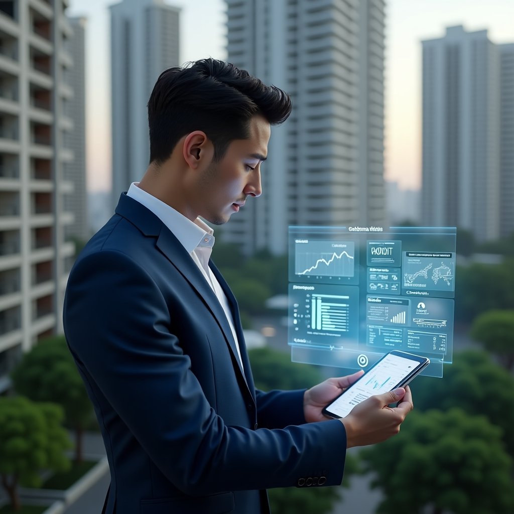 (Ultra-realistic condominium manager in a tailored navy blue suit, set in a modern luxury condominium environment with high-rise buildings and lush green landscaping, examining a floating holographic dashboard showing warning icons and management metrics, surrounded by holographic graphs, checklists and calendar alerts, focused and confident expression, cinematic lighting, shallow depth of field, highly detailed textures, realistic skin, photographic realism, 8k resolution --ar 1:1 --v 6)