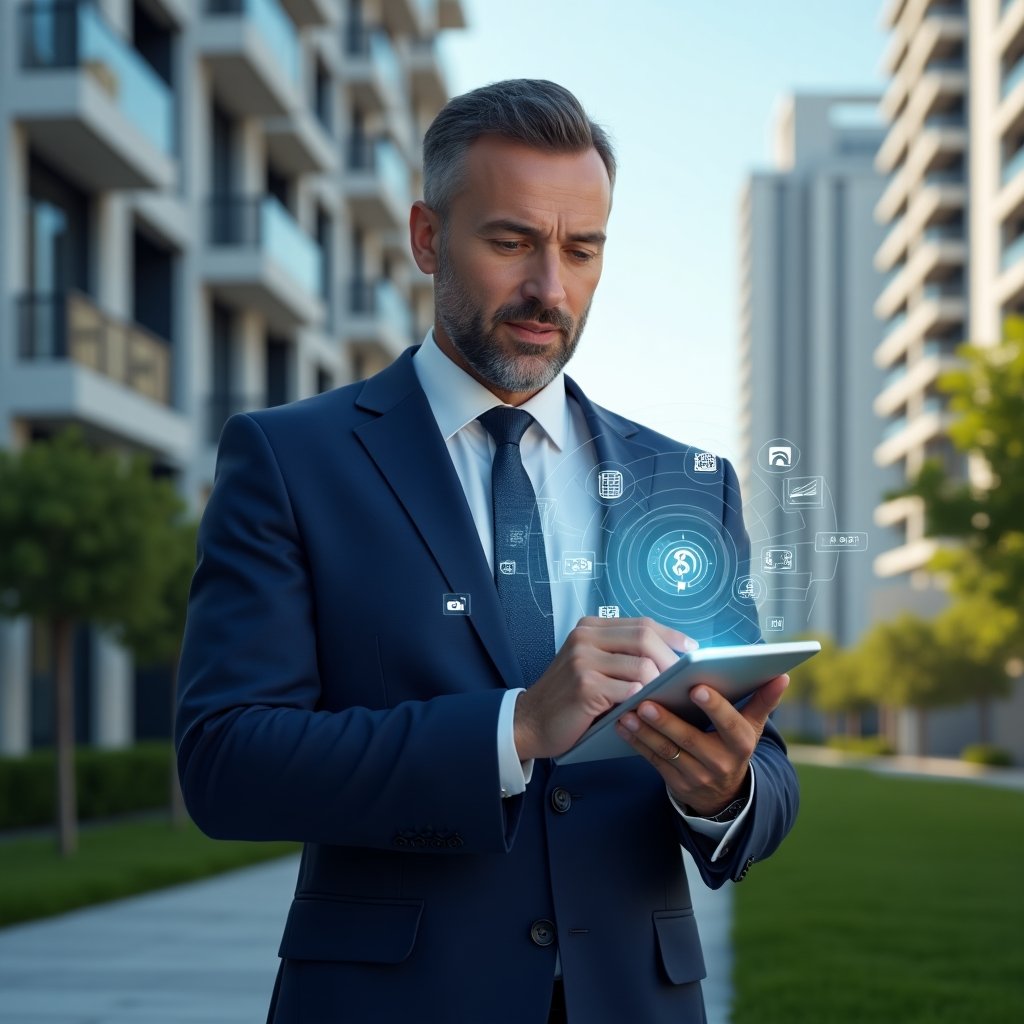 (Ultra-realistic property manager in a navy blue executive suit, set in a modern luxury condominium environment with high-rise buildings and manicured green landscaping, medium shot holding a transparent holographic tablet displaying digital dashboard icons for communication, finance and maintenance, analyzing data with a confident expression, floating translucent app icons around them, cinematic lighting, shallow depth of field, highly detailed textures, realistic skin, photographic realism, 8k resolution --ar 1:1 --v 6)