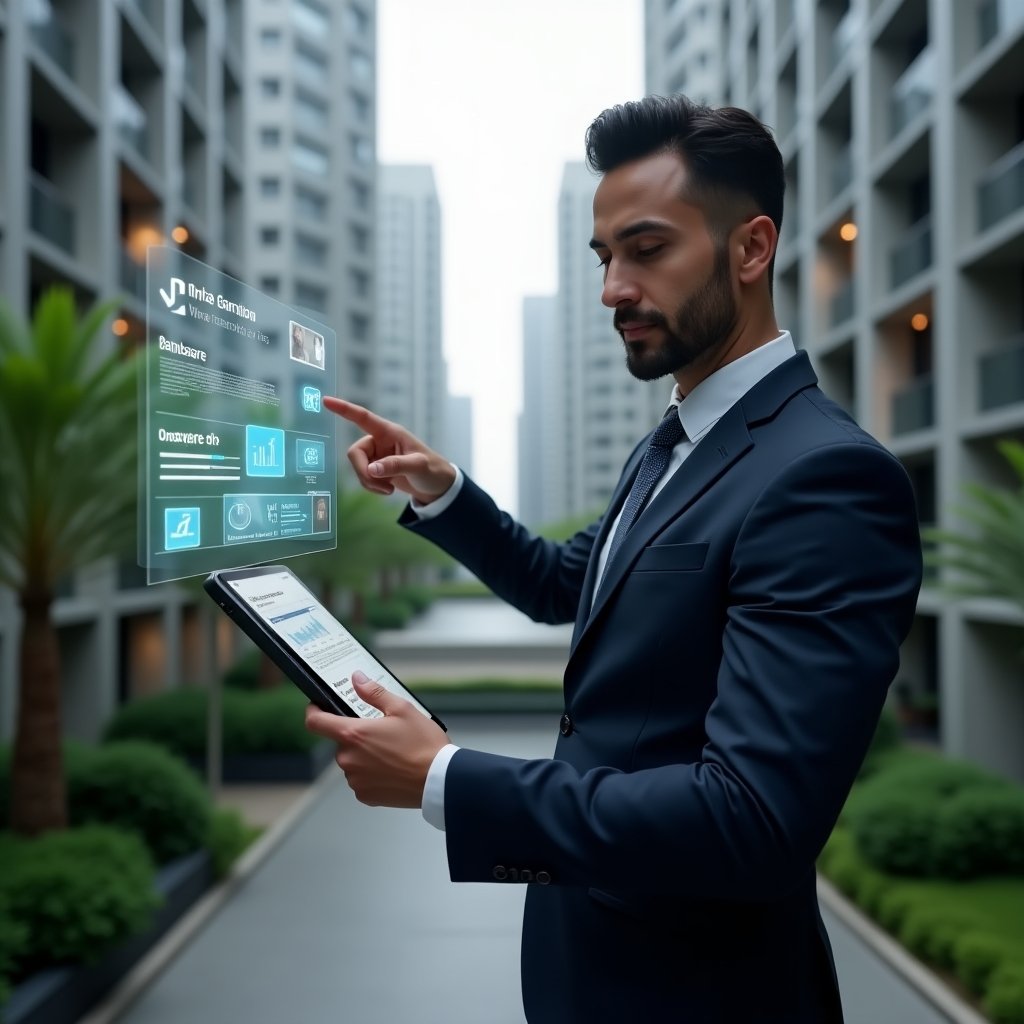 (Ultra-realistic condominium manager in a dark navy suit, set in a modern luxury condominium environment with high-rise buildings and lush green landscaping, pointing at floating holographic notification icons and a digital app interface, holding a tablet showing a sleek dashboard, confident and focused expression, cinematic lighting, shallow depth of field, highly detailed textures, realistic skin, photographic realism, 8k resolution --ar 1:1 --v 6)