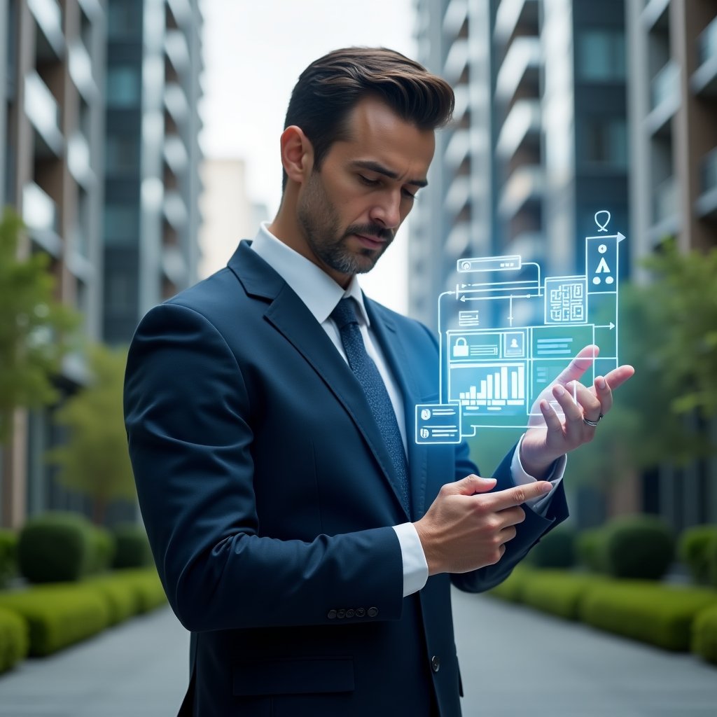 (Ultra-realistic property manager in a tailored navy blue suit, set in a modern luxury condominium environment with high-rise buildings and manicured green landscaping, confidently interacting with a floating holographic dashboard displaying alerts, communication logs, and financial graphs, holographic icons of a security shield, chat bubble, and bar chart hovering around, cinematic lighting, shallow depth of field, highly detailed textures, realistic skin, photographic realism, 8k resolution --ar 1:1 --v 6)