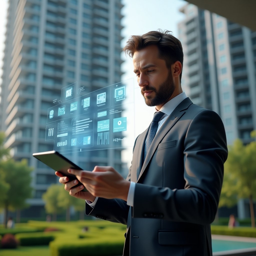 (Ultra-realistic condominium property manager in a charcoal gray suit, set in a modern luxury condominium environment with high-rise buildings and green landscaping, analyzing holographic alert icons and data widgets floating above a digital tablet, expression confident and thoughtful, cinematic lighting, shallow depth of field, highly detailed textures, realistic skin, photographic realism, 8k resolution --ar 1:1 --v 6)