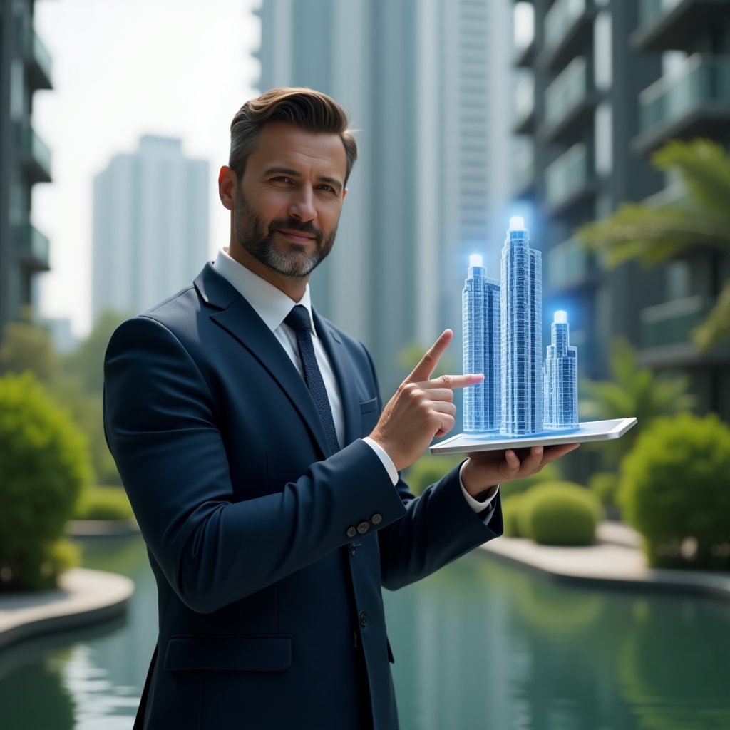 Ultra-realistic condominium manager in a navy blue executive suit, medium shot, set in a modern luxury condominium environment with high-rise buildings and lush green landscaping, holding a digital tablet displaying a rising property value chart, pointing at a holographic 3D condominium model above the tablet, confident and inspired expression, cinematic lighting, shallow depth of field, highly detailed textures, realistic skin, photographic realism, 8k resolution --ar 1:1 --v 6