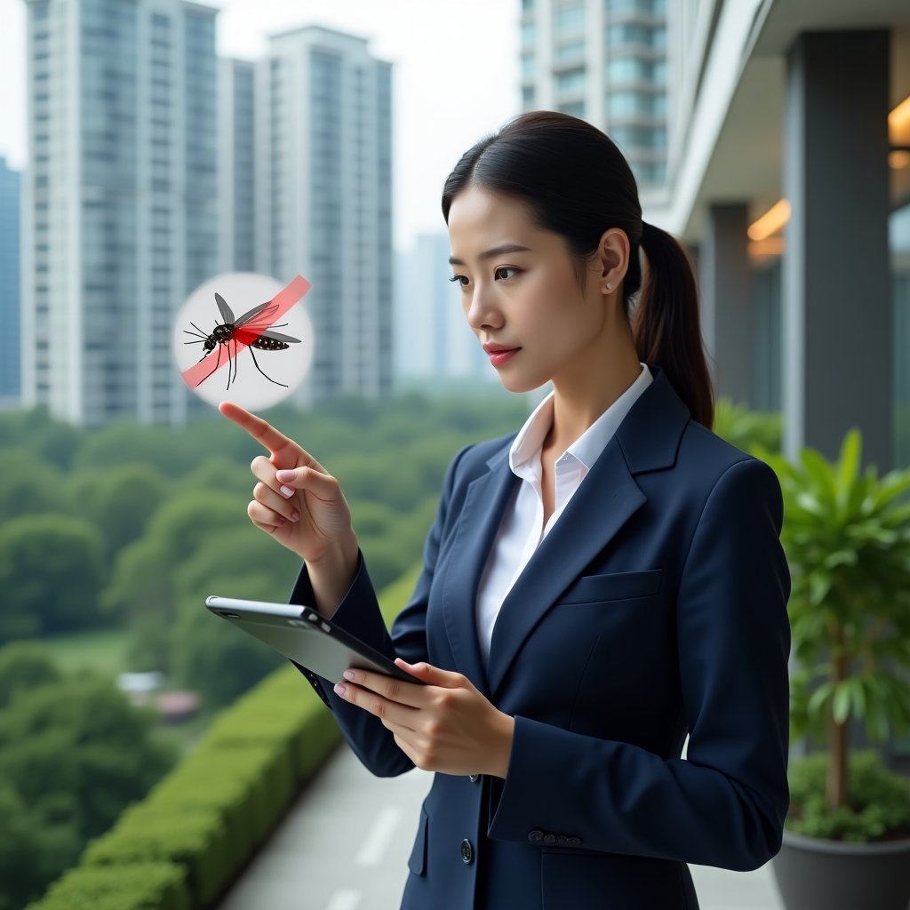 (Ultra-realistic female condominium manager in a navy blue business suit, set in a modern luxury condominium environment with high-rise buildings and lush green landscaping, holding a tablet displaying mosquito hotspot data and pointing at a floating holographic 3D Aedes aegypti with a red no symbol, determined expression, cinematic lighting, shallow depth of field, highly detailed textures, realistic skin, photographic realism, 8k resolution --ar 1:1 --v 6)