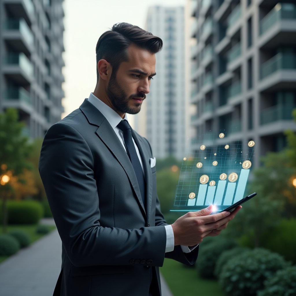 (Ultra-realistic condominium manager in a tailored charcoal gray suit, set in a modern luxury condominium environment with high-rise buildings and lush green landscaping, mid-shot close-up of a confident and focused professional examining a holographic financial dashboard with floating bar charts and coin icons, cinematic lighting, shallow depth of field, highly detailed textures, realistic skin, photographic realism, 8k resolution --ar 1:1 --v 6)