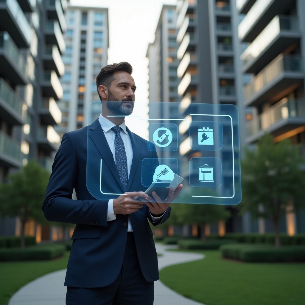 Ultra-realistic condominium manager in a tailored navy suit, set in a modern luxury condominium environment with high-rise buildings and manicured green landscaping, mid-shot of a confident manager reviewing a floating holographic task schedule displaying maintenance wrench, cleaning broom, and calendar event icons, cinematic lighting, shallow depth of field, highly detailed textures, realistic skin, photographic realism, 8k resolution --ar 1:1 --v 6