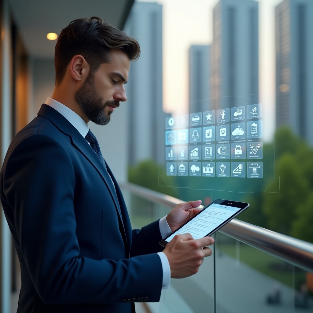 (Ultra-realistic condominium manager in a navy blue suit, set in a modern luxury condominium environment with high-rise buildings and landscaped gardens, interacting with a floating holographic schedule displaying maintenance, construction and event icons, confidently tapping on a tablet displaying a digital timeline, cinematic lighting, shallow depth of field, highly detailed textures, realistic skin, photographic realism, 8k resolution --ar 1:1 --v 6)