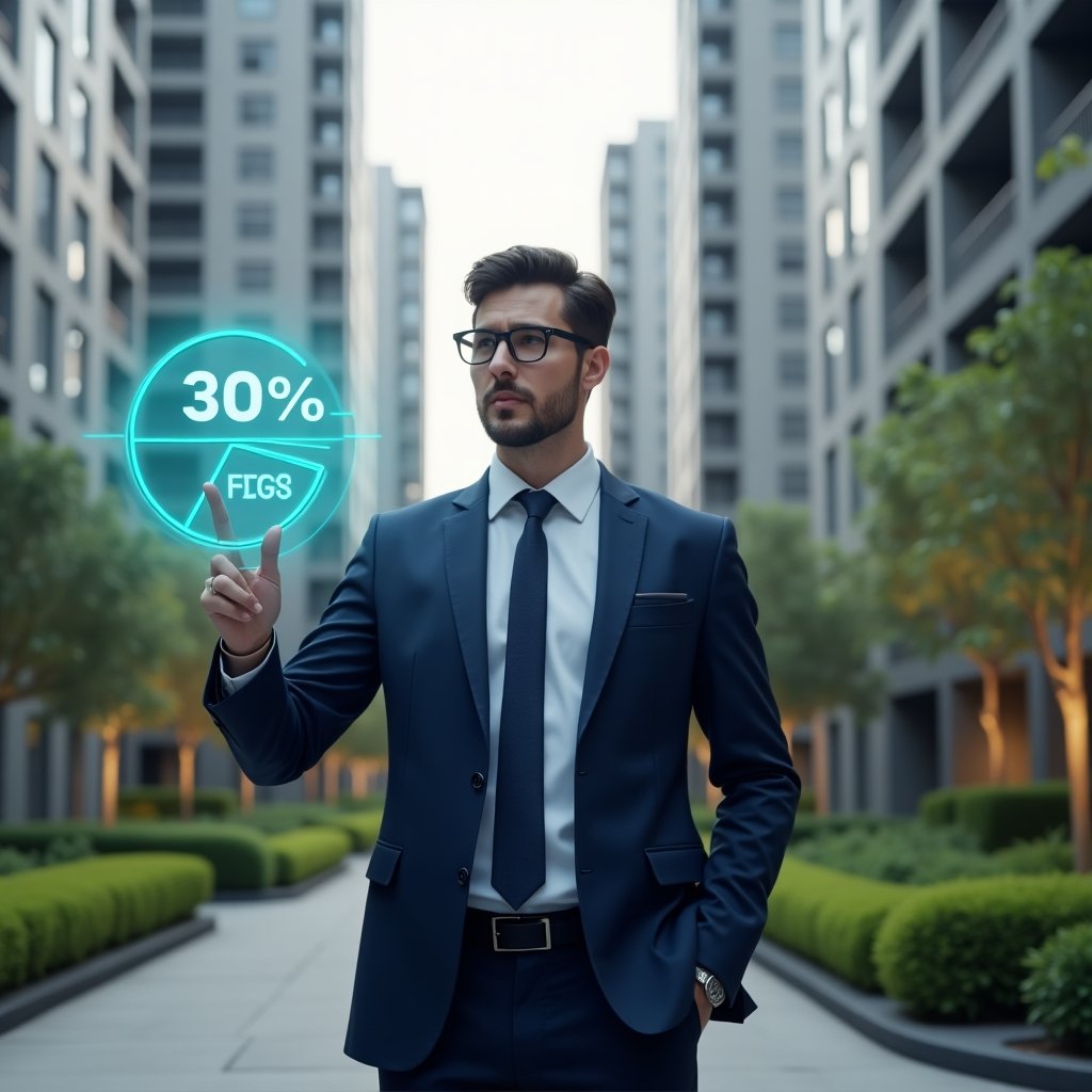 (Ultra-realistic condominium manager in a navy blue business suit, set in a modern luxury condominium environment with high-rise buildings and lush green landscaping, holding a coffee cup in one hand and pointing at a floating holographic pie chart showing 30% savings, cinematic lighting, shallow depth of field, highly detailed textures, realistic skin, photographic realism, 8k resolution --ar 1:1 --v 6)