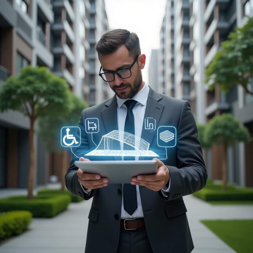 (Ultra-realistic condominium manager in a tailored charcoal gray suit, set in a modern luxury condominium environment with high-rise buildings and green landscaping, examining a holographic 3D model of an accessibility ramp on a digital tablet, with floating wheelchair and tactile paving icons around him, cinematic lighting, shallow depth of field, highly detailed textures, realistic skin, photographic realism, 8k resolution --ar 1:1 --v 6)