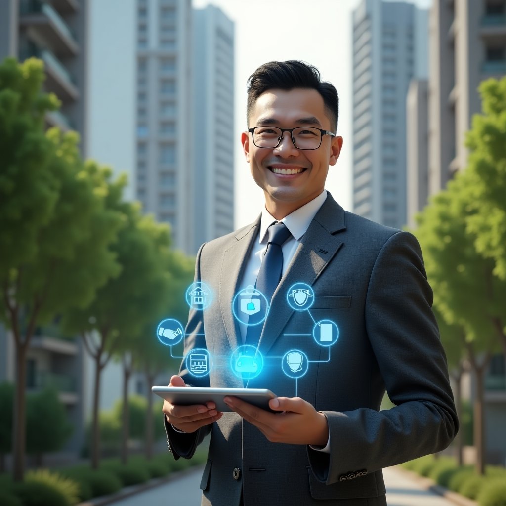 Ultra-realistic condominium manager in a charcoal grey tailored suit, set in a modern luxury condominium environment with high-rise buildings and lush green landscaping, medium shot of the manager smiling confidently while holding a holographic tablet showcasing the ten golden rules of good coexistence with floating icons of handshake, speech bubbles and shield, cinematic lighting, shallow depth of field, highly detailed textures, realistic skin, photographic realism, 8k resolution --ar 1:1 --v 6