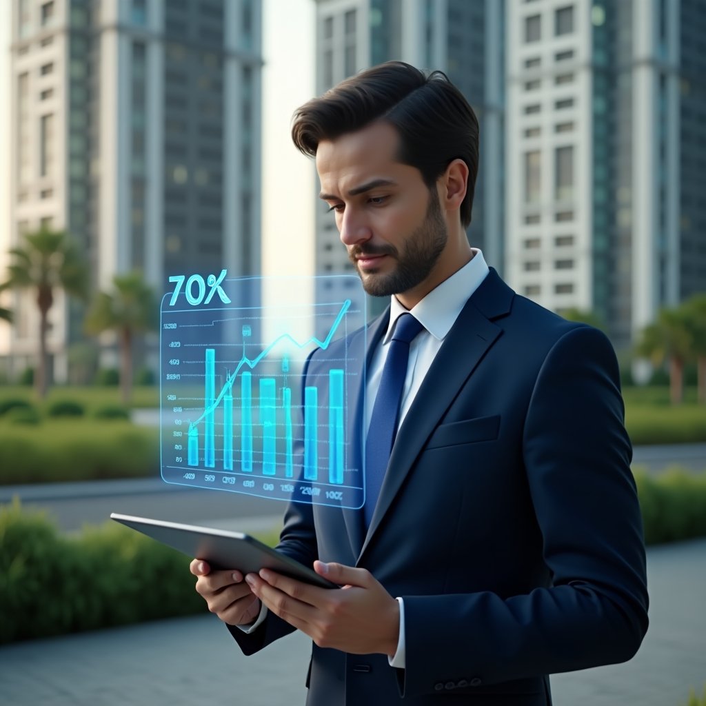 Ultra-realistic condominium manager in a tailored navy suit, set in a modern luxury condominium environment with high-rise buildings and pristine green landscaping, confidently analyzing a holographic financial chart showing a 30% cost reduction, a holographic condominium management app interface floating beside a tablet, cinematic lighting, shallow depth of field, highly detailed textures, realistic skin, photographic realism, 8k resolution --ar 1:1 --v 6