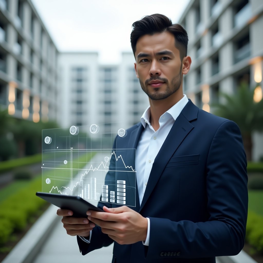 Ultra-realistic condominium manager in a navy blue tailored suit, set in a modern luxury condominium environment with high-rise buildings and manicured green landscaping, holding a tablet displaying holographic financial charts showing a 30% cost reduction, floating icons of coins and bar graphs around the device, confident and focused expression, cinematic lighting, shallow depth of field, highly detailed textures, realistic skin, photographic realism, 8k resolution --ar 1:1 --v 6