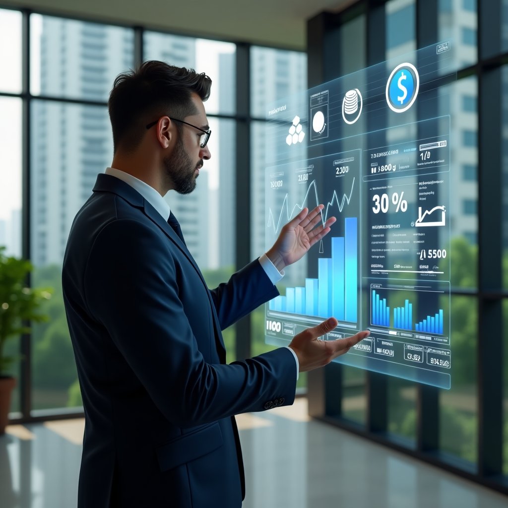 Ultra-realistic condominium manager in a navy tailored suit, set in a modern luxury condominium lobby with high-rise buildings and lush green landscaping visible through glass walls, medium shot of the manager confidently reviewing a holographic financial dashboard projecting “–30%” cost-reduction graphs, floating 3D icons of coins and bar charts symbolizing savings, cinematic lighting, shallow depth of field, highly detailed textures, realistic skin, photographic realism, 8k resolution --ar 1:1 --v 6