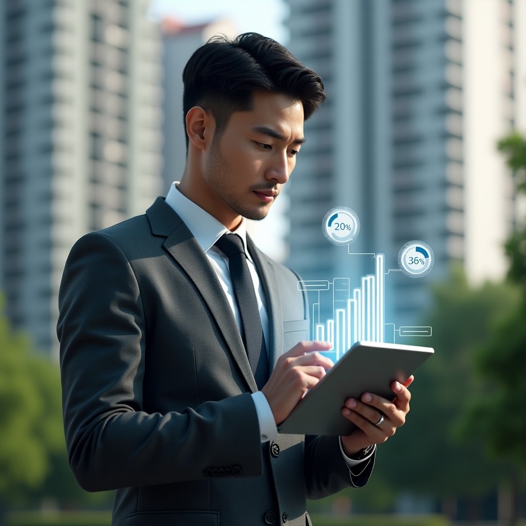 Ultra-realistic condominium manager in a charcoal gray tailored suit, set in a modern luxury condominium environment with high-rise buildings and lush green landscaping, focused on a digital tablet projecting holographic bar graphs showing a 30% cost reduction, confident and determined expression, floating icons of contracts and energy meters symbolizing optimization, cinematic lighting, shallow depth of field, highly detailed textures, realistic skin, photographic realism, 8k resolution --ar 1:1 --v 6