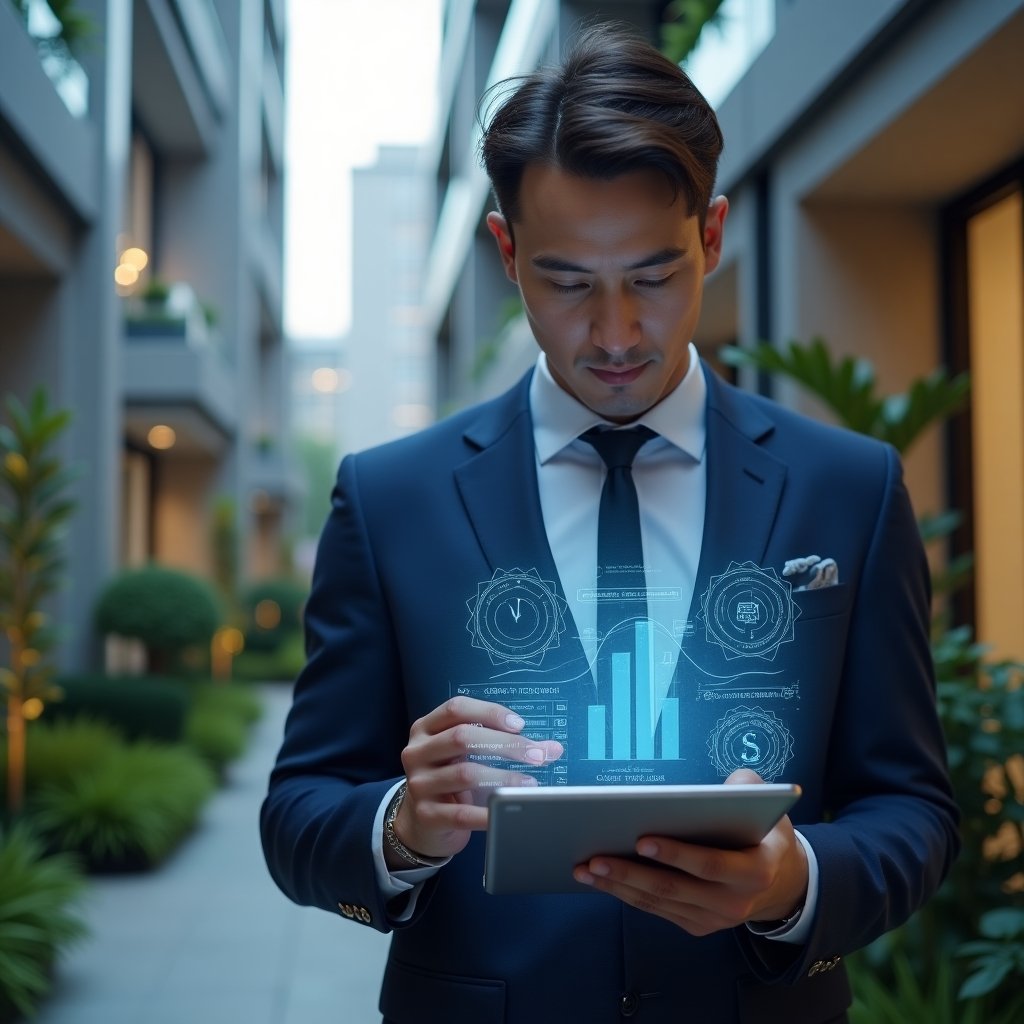 Ultra-realistic condominium manager in a navy blue suit, set in a modern luxury condominium environment with high-rise buildings and lush green landscaping, holding a tablet displaying a holographic condominium management app interface with energy savings and finance icons, analyzing cost-reduction charts with a confident, focused expression, cinematic lighting, shallow depth of field, highly detailed textures, realistic skin, photographic realism, 8k resolution --ar 1:1 --v 6