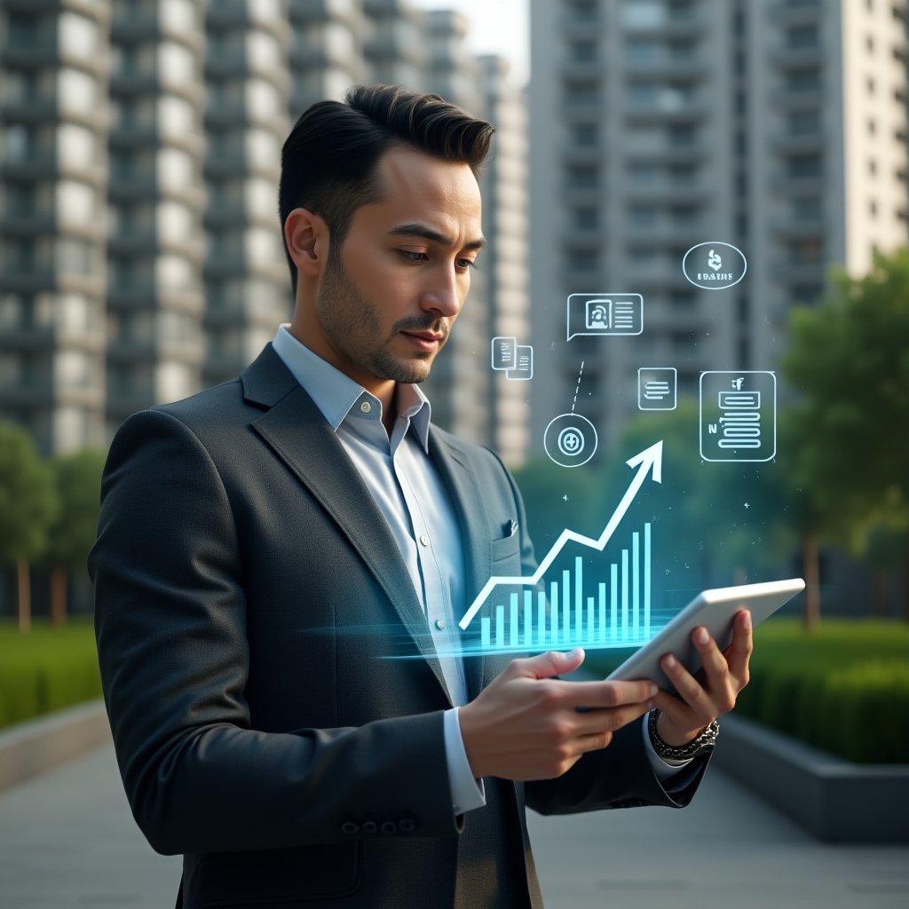 (Ultra-realistic condominium manager in a charcoal gray suit, set in a modern luxury condominium environment with high-rise buildings and lush green landscaping, reviewing a digital tablet displaying a holographic cost-reduction graph, with floating icons of dollar signs, energy meters and contract documents around them, confident and focused expression, cinematic lighting, shallow depth of field, highly detailed textures, realistic skin, photographic realism, 8k resolution --ar 1:1 --v 6)
