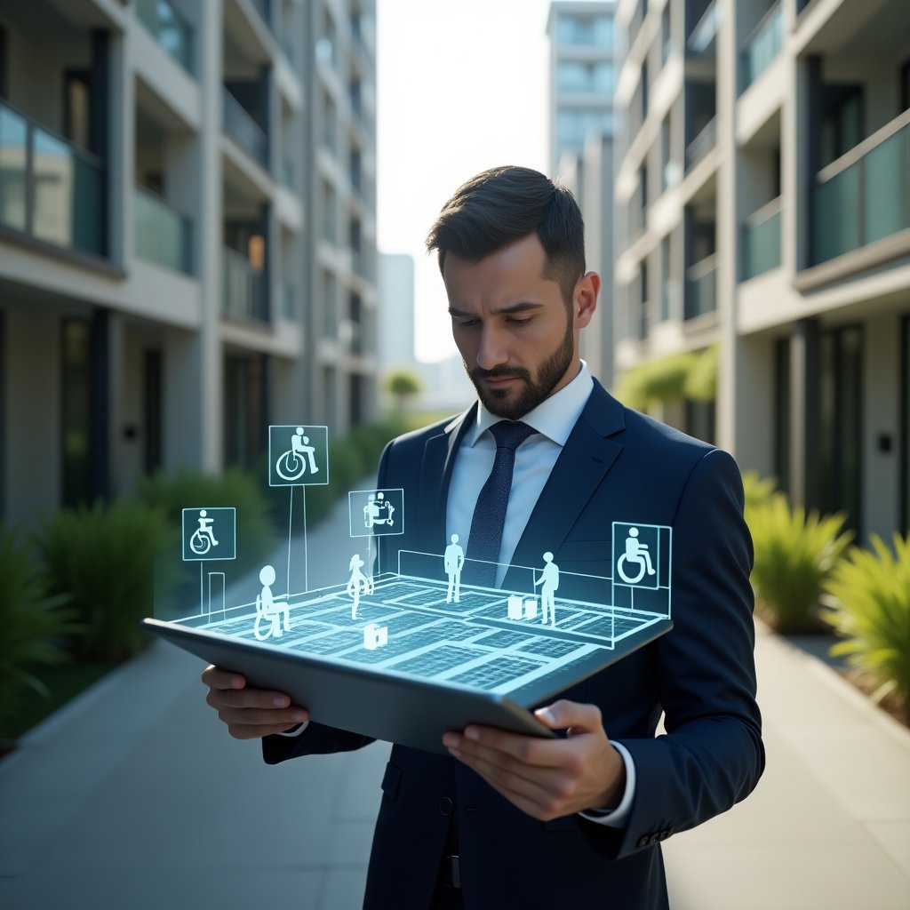 (Ultra-realistic condominium manager in a tailored navy suit, set in a modern luxury condominium environment with high-rise buildings and green landscaping, confidently reviewing a holographic architectural plan displaying wheelchair ramps and tactile paving, floating universal access icons around a sleek tablet, cinematic lighting, shallow depth of field, highly detailed textures, realistic skin, photographic realism, 8k resolution --ar 1:1 --v 6)