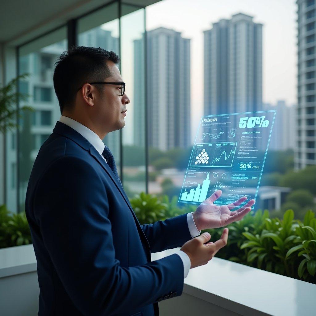 (Ultra-realistic condominium manager in a tailored navy blue business suit, set in a modern luxury condominium environment with high-rise buildings and manicured green landscaping, confidently analyzing a floating holographic financial dashboard showing a 30% expense reduction, surrounded by icons of coins and line-graph charts, cinematic lighting, shallow depth of field, highly detailed textures, realistic skin, photographic realism, 8k resolution --ar 1:1 --v 6)