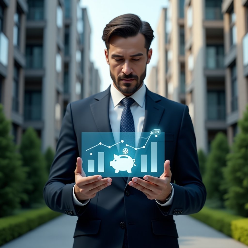 Ultra-realistic condominium manager in a tailored navy blue suit, set in a modern luxury condominium environment with high-rise buildings and manicured green landscaping, analyzing a floating holographic financial dashboard with descending expense bars and a glowing piggy bank icon, confident and focused expression, cinematic lighting, shallow depth of field, highly detailed textures, realistic skin, photographic realism, 8k resolution --ar 1:1 --v 6
