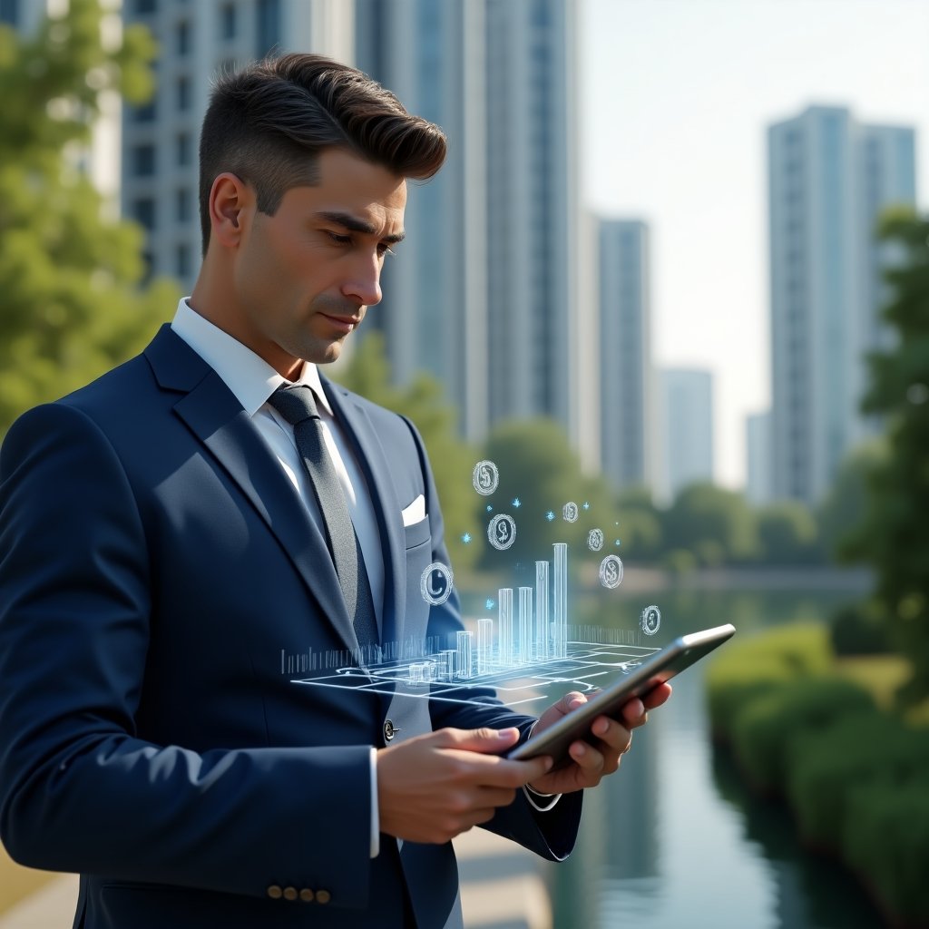 (Ultra-realistic condominium manager in a navy blue tailored suit, set in a modern luxury condominium environment with high-rise buildings and lush green landscaping, analyzing cost-saving strategies on a transparent digital tablet with floating holographic icons of coins, bar charts and gears, confident and focused expression, cinematic lighting, shallow depth of field, highly detailed textures, realistic skin, photographic realism, 8k resolution --ar 1:1 --v 6)