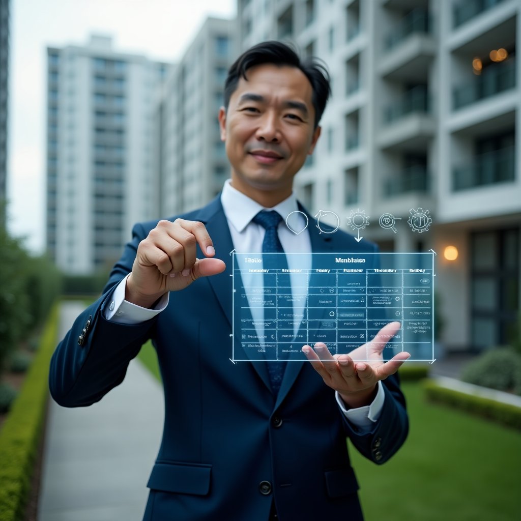 Ultra-realistic condominium manager in a navy blue tailored suit, set in a modern luxury condominium environment with high-rise buildings and manicured green landscaping, holding and interacting with a floating holographic annual calendar timeline showing monthly tasks and icons, pointing at highlighted deadlines with a confident and focused expression, translucent holographic icons of clocks, checkmarks and gears hovering around, cinematic lighting, shallow depth of field, highly detailed textures, realistic skin, photographic realism, 8k resolution --ar 1:1 --v 6